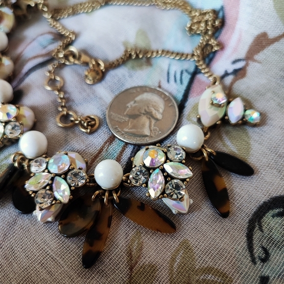 J. Crew Oxidized Brass Tone Art Deco Clear AB Faux Tortoise Statement Necklace - Picture 8 of 11